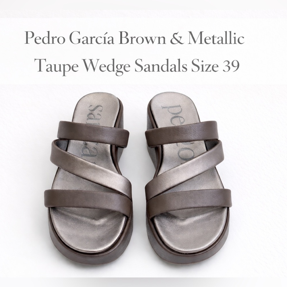 Pedro García Brown & Metallic Taupe Wedge Sandals Size 39